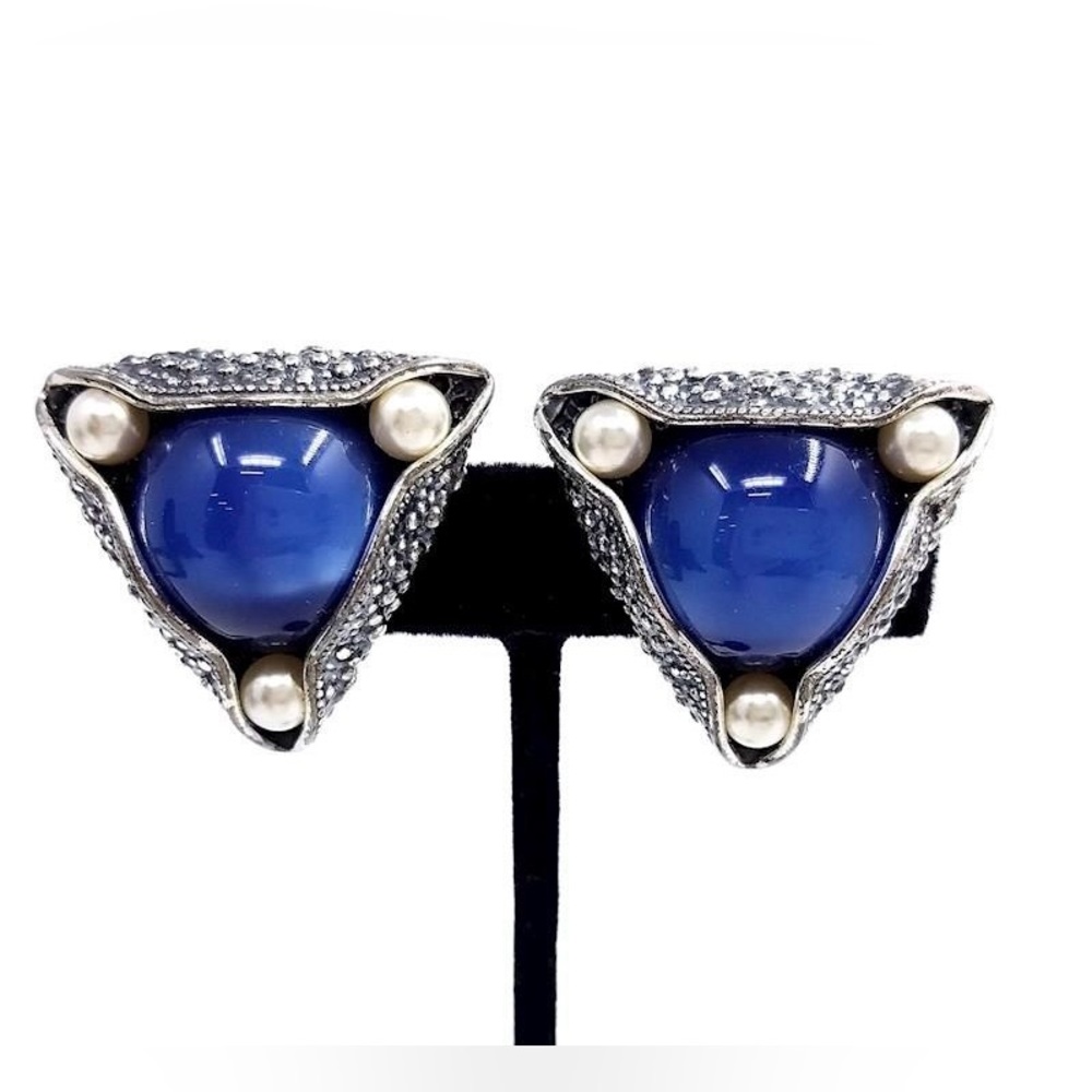 Vintage Signed Napier Blue Moonglow Runway Statement Couture Clip Earrings